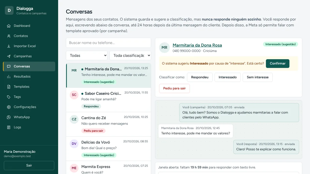 Tela de conversas do Dialogga: à esquerda, a lista de contatos com a classificação de cada resposta; à direita, uma conversa aberta com as mensagens trocadas.